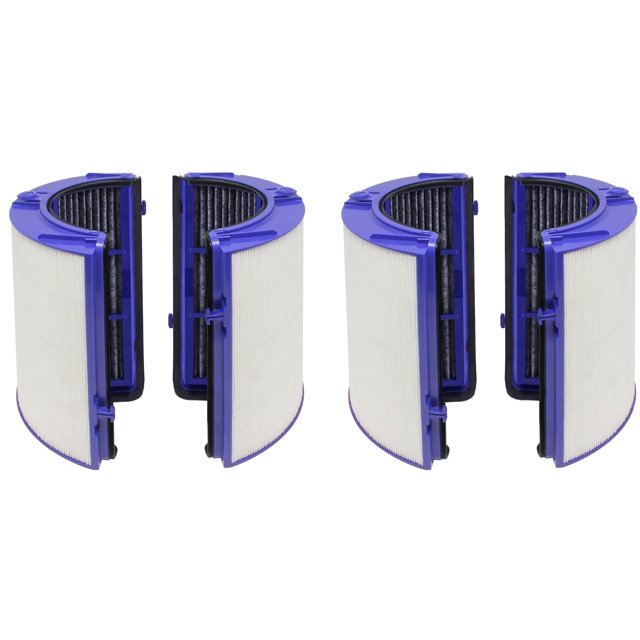 filtro purificador de aire premium combi 360 glass true hepa paquete de 2; dos cartuchos cilíndricos en vista 3/4 con armazón plástico morado, medios plisados blancos y núcleo oscuro de carbón activado visible, compatible con modelos Dyson indicados, fondo blanco.