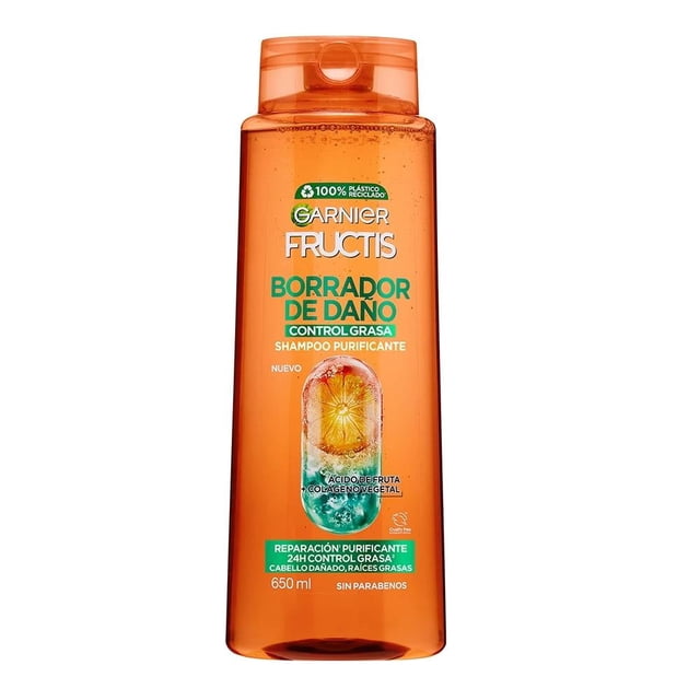 shampoo garnier fructis borrador de daño control grasa 650 ml botella naranja frontal, envase plástico translúcido de 650 ml con tapa abatible; etiqueta con logo Garnier Fructis, texto verde 'Borrador de Daño Control Grasa', imagen de fruta y gotas, indica 'Shampoo purificante', '650 ml' y 'sin parabenos'.