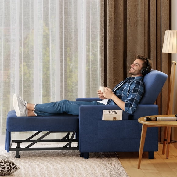 Sillón Cama 1 Plaza Tapizado Azul Con Ruedas Para Departamentos Pequeños