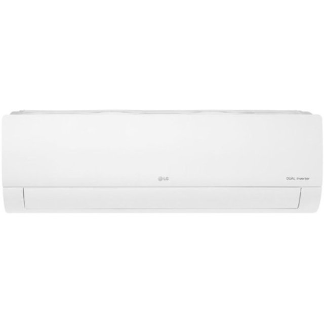 aire acond 11000 btus solo frio 220v dual inverter marca lg lg vx122c8ku unidad split blanca, vista frontal centrada del panel con logotipo LG en el centro y texto 'Dual Inverter' a la derecha; rejilla de salida inferior y perfil delgado visible, a menudo usado para enfriar habitaciones medianas.