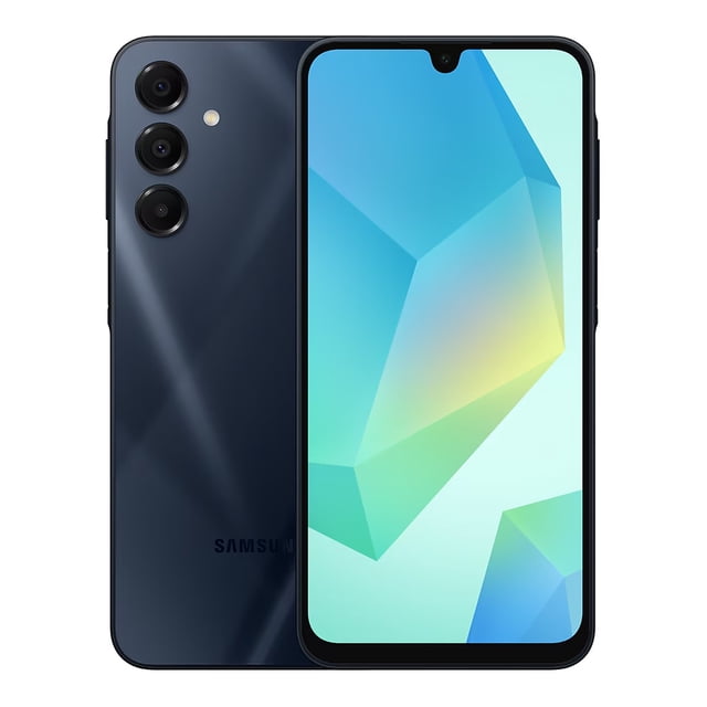 smartphone samsung galaxy a16 4g 4gb 128gb negro desbloqueado vista frontal y posterior centrada, pantalla Super AMOLED 6.7" FHD+ encendida, triple cámara trasera vertical con lente principal de 50 MP, carcasa negra con logo Samsung y bordes delgados; adecuado para streaming y juegos por su pantalla amplia y batería de 5000 mAh, a menudo usado como dispositivo secundario para reproducción de multimedia en viajes.