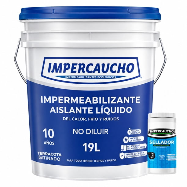 Impermeabilizante Impercaucho Aislante Térmico de Calor, Frío y Ruido 10 Años Terracota 19 L con Sellador 750 ml
