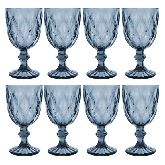Copas de Vino Agua Vidrio Cristal Labradas Vintage 245 ml Vittori Juego 8 piezas color Azul Cobalto