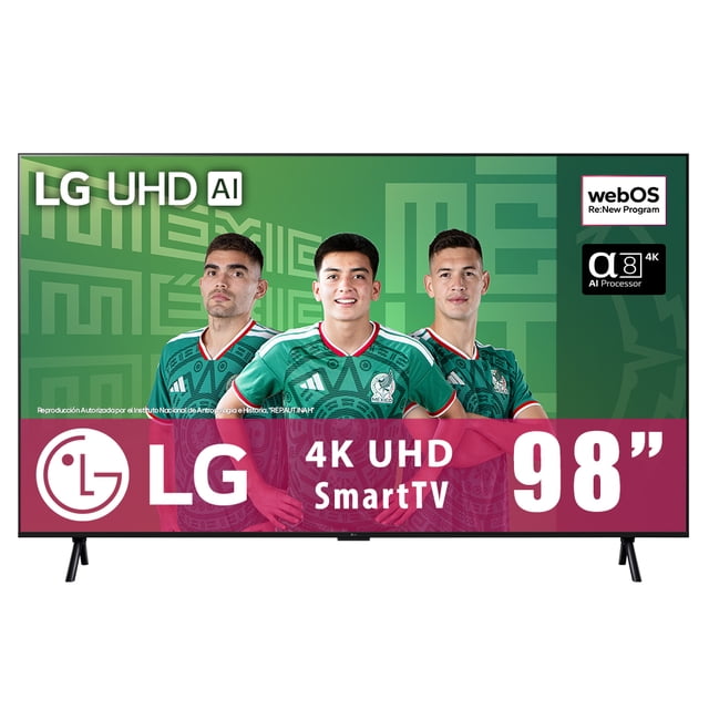 tv lg uhd 98 pulgadas uhd smart tv 4k 98ut9050psa ai 2024 pantalla frontal centrada de 98" en color negro con marco delgado y patas en V; imagen presenta tres jugadores con camisetas verdes y gráfico promocional, iconos de webOS y α5 AI visibles en la esquina; adecuado para salas grandes y compatible con Game Optimizer y HDR10 Pro.