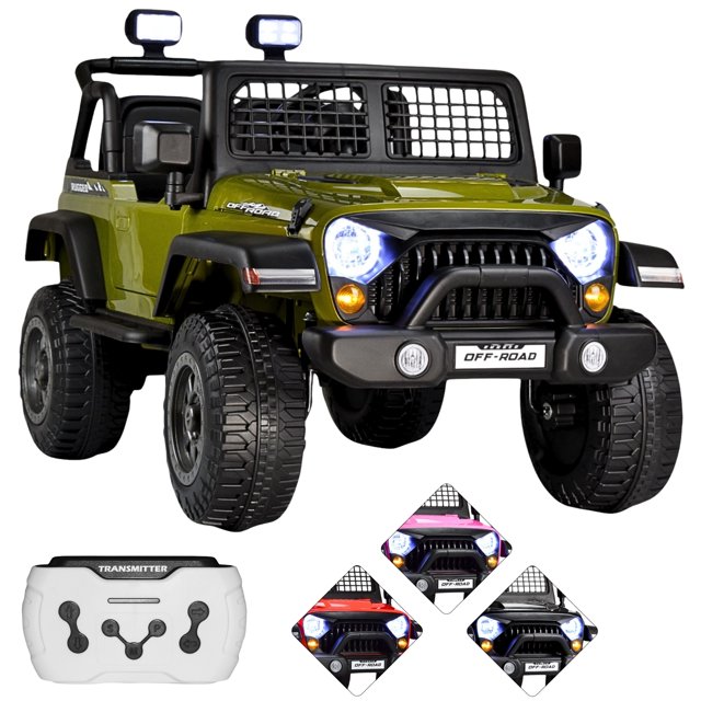 montable electrico para niños camioneta control remoto 12v - verde frontal 3/4, SUV infantil verde con parrilla negra y placa OFF-ROAD, 2 faros LED encendidos, barra superior con 2 luces, volante, asiento con respaldo y cinturón visibles; ruedas grandes de plástico rígido y defensa frontal; control remoto blanco mostrado abajo. Adecuado para niños 3-6 años, 12V con 2 motores, Bluetooth/USB/AUX y función mecedora; también suele usarse para almacenar juguetes pequeños cuando no está en uso.