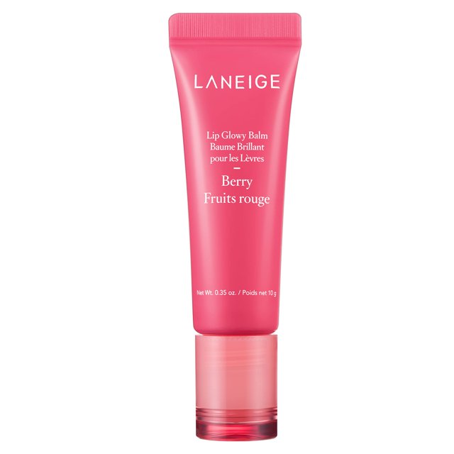 laneige lip glowy balm baya (bálsamo para labios) tubo frontal rosa fucsia con texto LANEIGE y 'Berry', vista centrada y de frente; tubo de bolsillo 10 g con boquilla transparente y acabado liso brillante, aporta brillo sutil e hidratación; ideal para retoques rápidos durante el día.