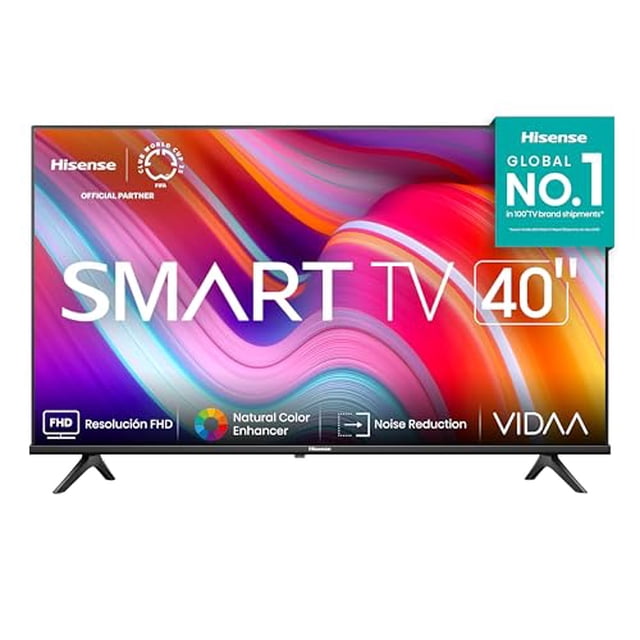 hisense pantalla fhd 40" pulgadas smart tv 40a4hv Smart TV 40" negro, vista frontal centrada con biseles delgados y peanas en V; pantalla FHD con logos VIDAA y FHD visibles y etiqueta 'Global No.1'; cuenta con 2 puertos HDMI y 1 USB según ficha; adecuada para sala o recámara y suele utilizarse también para transmitir contenido desde dispositivos móviles.