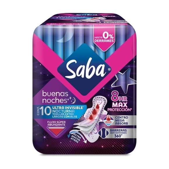 Toallas Femeninas Saba Ultra Invisible Nocturna con Alas 10 Piezas