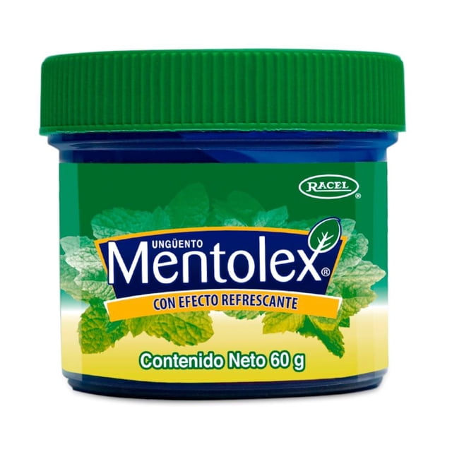 ungüento racel mentolex refrescante 60 g tarro frontal con etiqueta verde y azul, tapa estriada verde, texto Mentolex y frase "con efecto refrescante", ilustración de hojas de menta y leyenda "Contenido Neto 60 g"; suele usarse como ungüento de alivio tópico para uso externo.