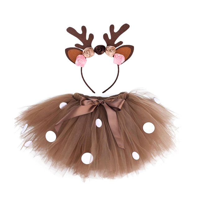 conjunto de tutú y diadema para disfraz de , regalo para niñas, diadema para actuación en escenario Conjunto de cosplay: diadema de reno y tutú multicolor; tutú de tul marrón de 28 cm (11.02 in) con cintura elástica y lazo de satén, decorado con aplicaciones circulares blancas; diadema marrón con cuernos y flores rosas y beige, vista frontal centrada sobre fondo blanco. Ideal para fiestas temáticas, Halloween y actuaciones; también adecuado para sesiones de fotos infantiles.