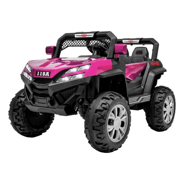 carro buggy electrico little monkey rosa con luces y música, vista 3/4 frontal de buggy montable todoterreno en color rosa con molduras negras y emblema '119A', grandes ruedas de tracción trasera, doble asiento con cinturón ajustable, barra frontal con rejilla y luces LED delanteras; incluye puerto USB, audio integrado, control remoto y sistema de mecedora automática; a menudo usado para juegos al aire libre y para que niños practiquen habilidades de conducción.