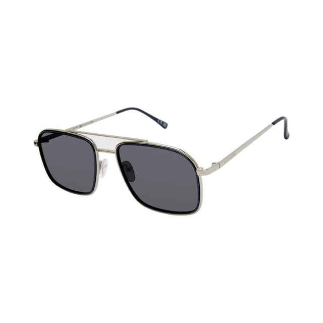 lentes de sol tommy hilfiger hombre x62070 outlook marco de plástico color negro con filtro 100% uv, vista 3/4 frontal de montura cuadrada con doble puente metálico plateado y borde negro, lentes oscuros con protección UV y patillas delgadas con terminales negros; aptos para guardarse en el estuche duro incluido en viajes.