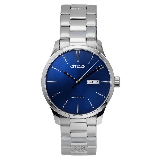 citizen automatic nh8350-83l men's watch Reloj automático Citizen NH8350-83L con esfera azul, caja redonda y brazalete de acero inoxidable plateado, índices tipo bastón, ventanilla de día y fecha a las 3 y corona a las 3; calibre 8200 en especificaciones. A menudo se usa también para seguimiento diario de horarios en viajes cortos.