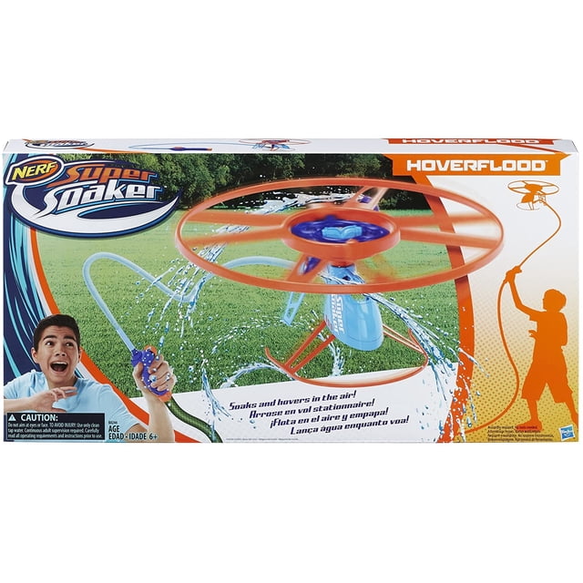 nerf super soaker hoverflood supersoaker supersoaker lanzador de agua multicolor con disco helicoidal naranja y depósito azul que se conecta a manguera de jardín; empaque frontal muestra manguera blanca y controlador azul y texto sobre remojar y flotar en el aire; a menudo se usa para convertir batallas acuáticas en juegos de patio trasero.