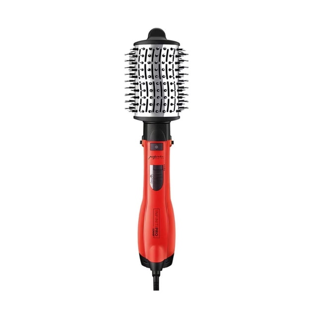 cepillo de aire conair infinity pro ovalado 3 velocidades mod:bc121oes cepillo alisador ovalado naranja de 24 cm, mango ergonómico en plástico con interruptor deslizante de 3 velocidades y botón de aire frío, barril ventilado con cerdas de nylon y tecnología iónica, cable de 170 cm; vista frontal centrada sobre fondo blanco. A menudo usado también para dar volumen rápido durante el secado.