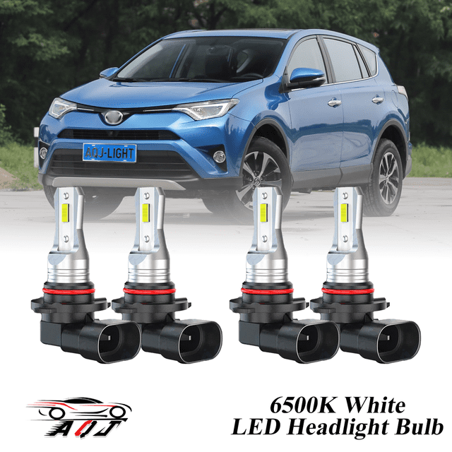 compatible con toyota rav4 2006-2018 kit de bombillas led para faros (combo de luz alta y baja) (paquete de 4), blancas 6500k 10,000lm súper brillantes, plug and play Kit de 4 bombillas LED 9005/9006/9012 con base plug-and-play y perfil de aluminio 6063, 6500–6500K y 10,000 lm por bombilla; vista frontal en primer plano de las cuatro bombillas con conectores visibles y un Toyota RAV4 azul desenfocado al fondo que muestra aplicación en faros. También apto para pruebas rápidas en talleres y proyectos de iluminación automotriz.