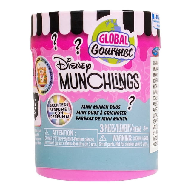 munchlings disney figuras duos sorpresa multicolor envase cilíndrico frontal con etiqueta rosa y azul, logo Disney Munchlings y Global Gourmet; indica 3 piezas y sello “scented / con perfume”; muestra gráficos de dúos coleccionables que cambian de color al tacto y texto de edad 3+; ideal para coleccionar o regalar.