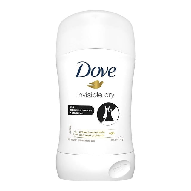 antitranspirante dove invisible dry en barra para dama 45 g — envase blanco frontal con logo Dove y paloma dorada, texto "invisible dry", sello "anti manchas blancas y amarillas", indica 1/4 crema humectante y hasta 48 h de protección; vista centrada sobre fondo neutro; apto también para refrescar axilas en viajes cortos.
