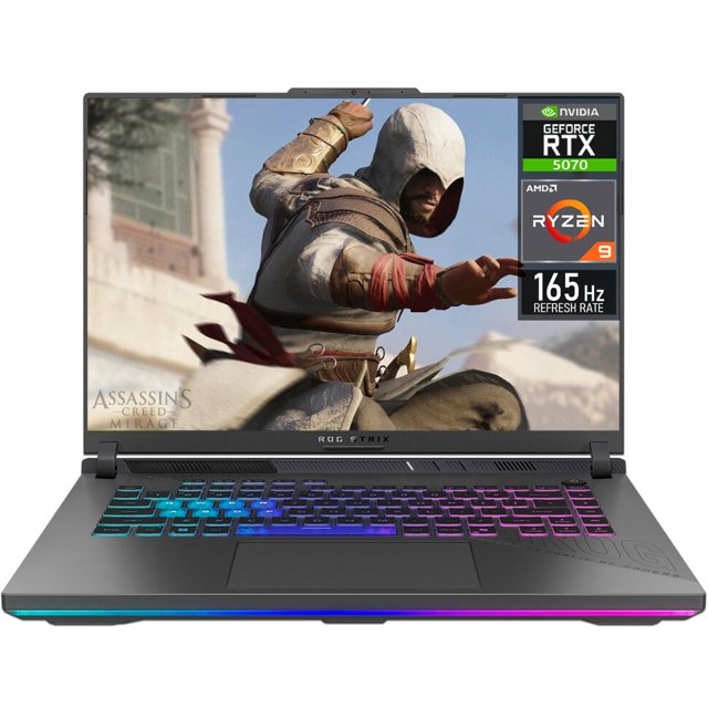 laptop gamer asus rog strix g16 geforce rtx 5070 ryzen 9 8940hx 16gb ddr5 ssd 1tb 16" teclado ingles gaming competitivo Vista frontal centrada de la laptop gris ASUS con pantalla 16" WUXGA 165Hz mostrando juego, etiquetas RTX 5070 y Ryzen 9, teclado inglés retroiluminado RGB 4 zonas, biseles delgados, rejilla de ventilación y barra RGB frontal; también adecuada para streaming y multitarea exigente.