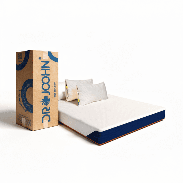colchón en caja + 2 almohadas nube estándar dr joohn queen size basic 18cm altura, foam semi firme para todas las edades. Vista 3/4 frontal del colchón Queen Size blanco (190x150x18 cm) con costado azul oscuro y ribete naranja, funda removible visible y dos almohadas Nube estándar blancas sobre la superficie; caja vertical compactada al vacío con logo DR JOOHN. También suele entregarse enrollado para transporte.
