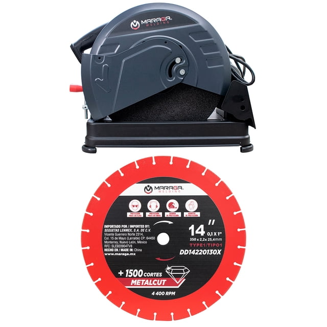 maraga cortadora de metales 2,400w + disco de diamante 14” para corte de precisión industrial (kit) Cortadora gris MARAGA vista lateral con base negra y mango en D; deflector de chispas y cable visibles. Debajo, disco de diamante 14” rojo y negro con texto técnico y logo. Ideal para cortes de precisión en taller industrial.