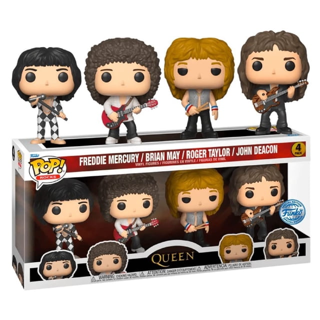 funko pop! queen - freddie mercury, roger taylor, brian may & john deacon - 4-pack exclusive funko - Cuatro figuras Funko Pop! de Queen (Freddie Mercury, Brian May, Roger Taylor, John Deacon) en poses de escenario sobre su empaque con ventana, vinil con ropa y guitarras visibles, altura aproximada 4.1–4.5 pulgadas. Su tamaño compacto las hace apropiadas para exhibir en colecciones de música.