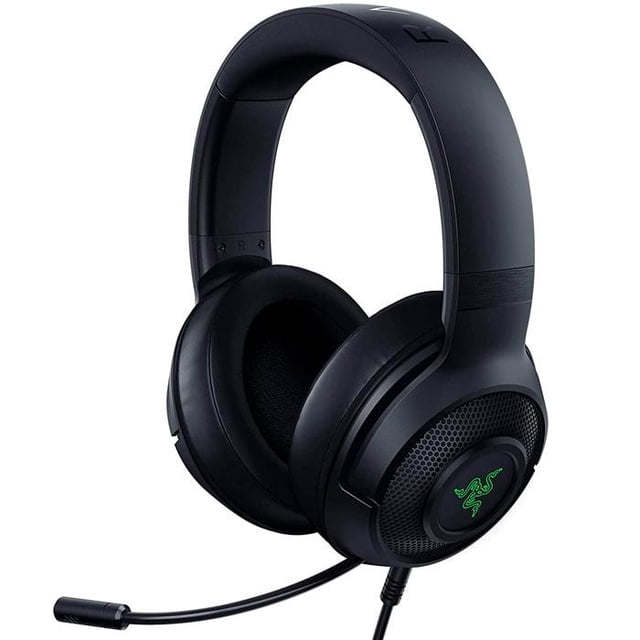 audifonos gamer razer kraken x usb pc sonido 7.1 microfono razer kraken x usb Auriculares on-ear negros Razer, vista 3/4 frontal con diadema acolchada y copas con almohadillas de espuma; rejilla lateral con logo verde, micrófono cardioide flexible y cable USB; diseñados para audio posicional 7.1 en PC y también adecuados para chat de voz y streaming casual.