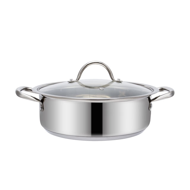 budinera 8.5 l 34 cm con tapa induccion acero inoxidable fraciel 34 havana, budinera de acero inoxidable plateado de 34 cm de diámetro y 12 cm de altura con tapa de vidrio y asas laterales, interior graduado en litros y triple fondo apta para todo tipo de estufas incluida inducción; también suele usarse para preparar flanes y pasteles pequeños.