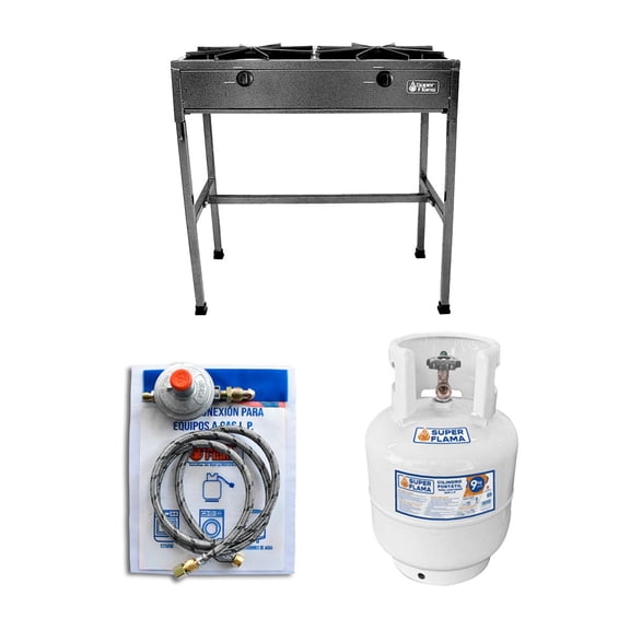 Combo FLAMA DUO Estufon 2 Quem, kit conexión y Tanque