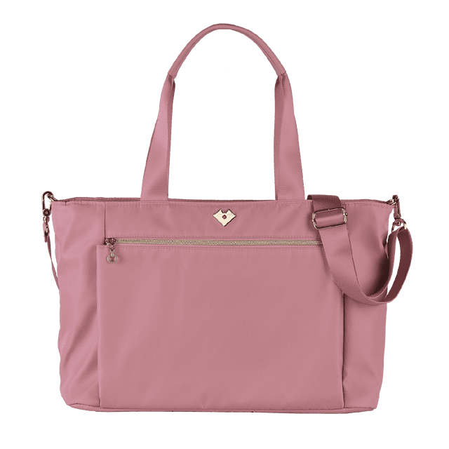 bolsa para laptop mujer hasta 16 pulgadas luckyly modelo tanya rosa unitalla, vista frontal centrada de tote bag rosa con asas superiores y tirante ajustable y removible; cierre superior, bolsillo frontal con cremallera y logo metálico; acolchada para laptop 16" y varios compartimentos, medidas 43 x 30 x 11.5 cm, adecuada como maletín o crossbody para uso diario.