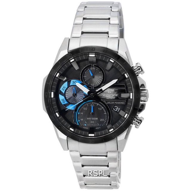 casio edifice chronograph analog solar powered eqs-940db-1b eqs940db-1b 100m men's watch Reloj analógico Casio Edifice con cronógrafo y energía solar; caja y brazalete de acero inoxidable plateado, bisel negro y esfera negra con subesferas (24 h y cronómetro) y acentos azules, manecillas e índices luminiscentes, fechador a las 4, resistencia 100 m, calibre 5585. Apto también como reloj de viaje por su resistencia y función de cronómetro.