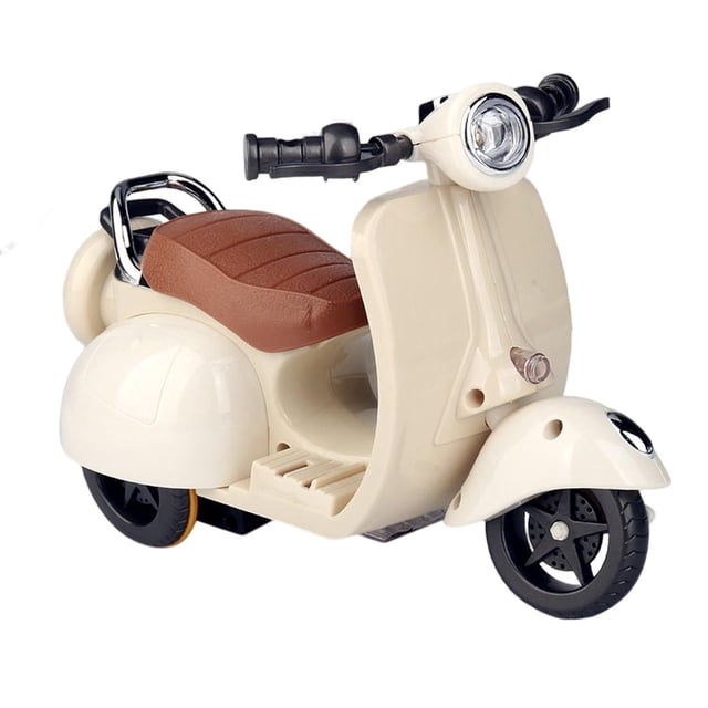 360 rotating stunt motorcycle pet supplies para niños pequeños regalo de cumpleaños beige sunnimix motocicleta acrobática - Moto de juguete beige en vista 3/4 frontal con asiento marrón texturizado, manubrios negros, faro circular con lente clara, guardabarros delantero curvo y ruedas de plástico; la base permite giro de 360° según la descripción, dimensiones aprox. 21 cm x 22 cm; también apta como adorno decorativo para cuarto infantil.