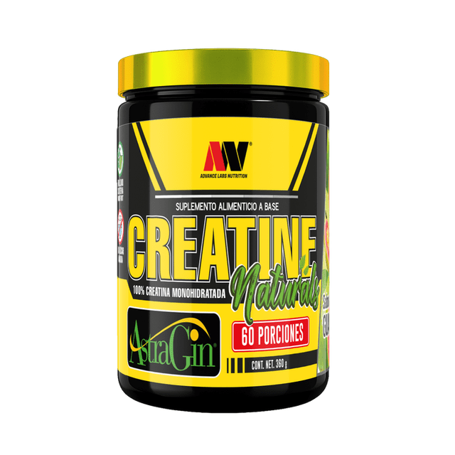 creatina en polvo advance labs nutritionals naturals stevia y monk fruit melón 60 serv 360g envase frontal plástico negro con tapa amarilla y etiqueta amarilla y negra que resalta CREATINE, 'Naturals', logo Advance Labs Nutrition, indica 60 porciones y 360 g; suplemento en polvo sabor melón endulzado con stevia y monk fruit, diseñado para apoyar fuerza y resistencia y a menudo usado por deportistas para recuperación entre series.