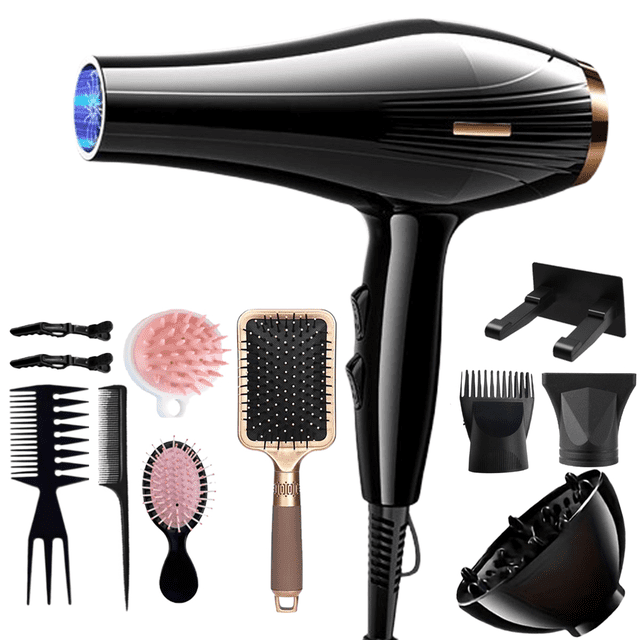 morfone secadora de cabello profesionalsecadora con difusor 11 en 1 pistola secadora para cabello profesional para estetica secadora de aire frio Secadora negra Morfone en vista 3/4 con cuerpo ergonómico y botón lateral; boquilla concentradora y difusor para rizos visibles. Accesorios dispuestos sobre fondo blanco: cepillo plano con mango dorado, cepillo ovalado, peines, clips y soporte de pared. La ficha indica motor 800W y tecnología de iones negativos; suele usarse también para definir rizos con el difusor.