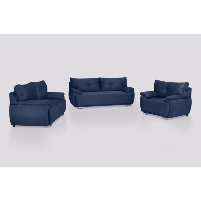 sala bianca sansa tres piezas color azul Conjunto tres piezas tapizado en tela super soft azul; vista frontal con sofá 3 plazas al centro, love seat a la izquierda y sillón individual a la derecha; respaldos acolchados, cojines integrados, brazos curvados y patas cortas metálicas; fondo de estudio minimalista. Medidas: sofá 215 x 90 x 100 cm, love seat 160 x 90 x 100 cm, sillón 120 x 90 x 100 cm. Suele usarse también en áreas de recepción o estudios pequeños.