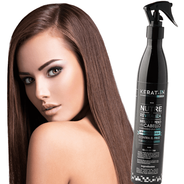 alisador de cabello zaire kerat-in spray prolonga alisado 18 horas — botella negra con pulverizador en primer plano y cabello lacio y brillante a la izquierda; indica concentrado de keratina y aceite de argán, anti frizz, brillo, suavidad y termoprotección para uso con plancha; también suele usarse para mantener peinados lisos durante viajes.