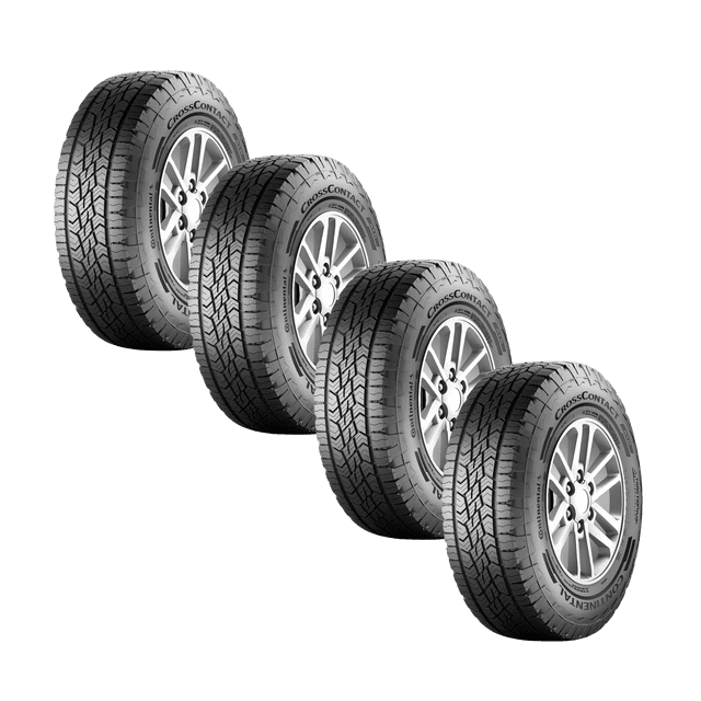 paquete de 4 llantas 225/65 r17 102h continental crosscontact atr fr cuatro llantas 225/65 R17 Continental CrossContact ATR 102H en vista 3/4, banda de rodadura todo terreno con bloques de agarre, protector de rin FR visible en el hombro y rines plateados; diseñadas para SUVs y crossovers con tracción híbrida on-/off-road y conducción silenciosa; a menudo usadas como reemplazo OEM en modelos compactos de SUV.