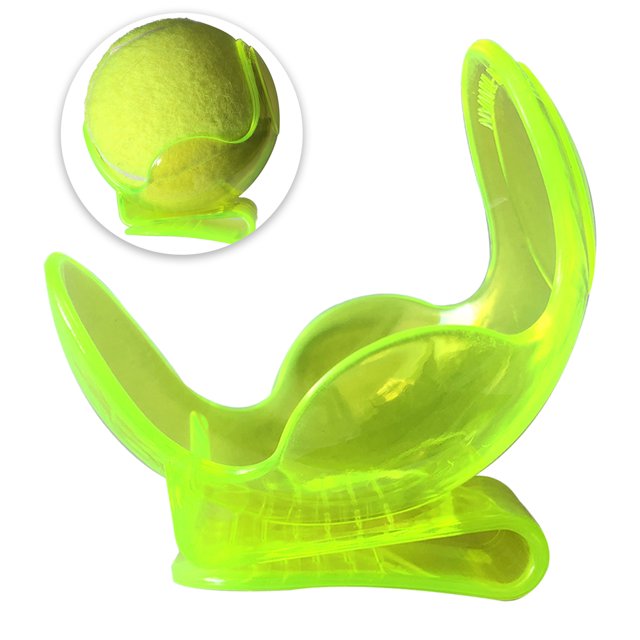 clip para pelotas de tenis 1 pieza de soporte de pelota de entrenamiento de tenis de plástico transp, pinza amarilla de ABS translúcida vista frontal que sujeta una pelota (diámetro aprox. 6.2 cm); base con clip para enganchar en la cintura o ropa, superficie lisa; a menudo usada también para sujetar pelotas durante prácticas individuales.