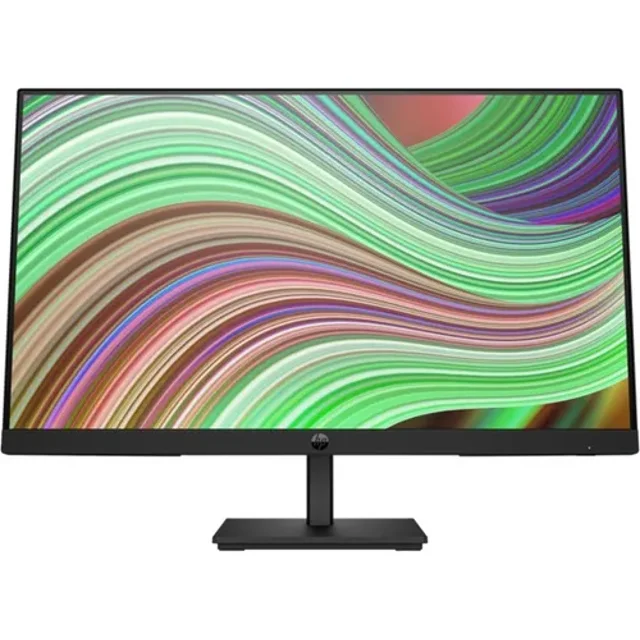 hp p24 g5 23.8 full hd edge led lcd monitor - 16:9 - black Centered front view of a 23.8" FHD IPS monitor with 16:9 aspect, three-sided micro-edge bezels and slim black tilt-adjustable stand with rectangular base; HP logo on lower bezel, display shows colorful abstract waves, rear cable-management visible, listed specs include 75Hz refresh and 5 ms GTG response; suitable for photo editing or streaming.