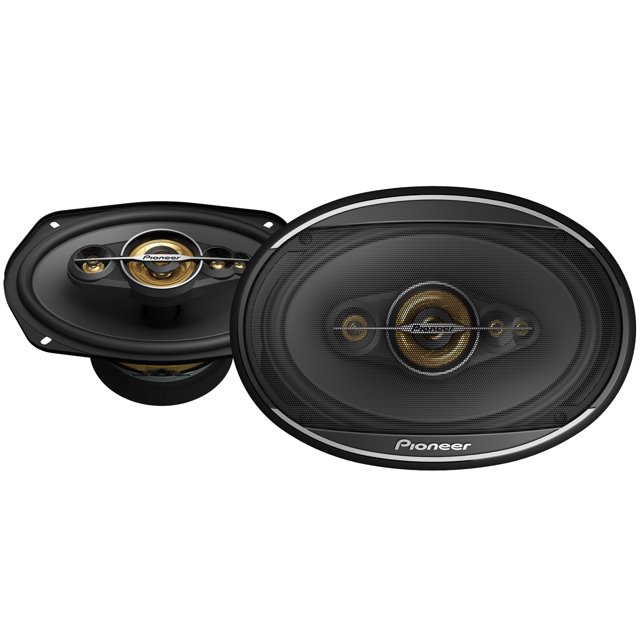 altavoces para coche pioneer ts-a6991fh coaxiales de 5 vías 6 x 9 pulgadas, par de bocinas ovaladas negras con rejilla protectora y logotipo Pioneer, diseño coaxial con tweeters y drivers centrales visibles, montaje de 4 agujeros y cesta ovalada que muestra la profundidad de instalación; aptos para sistemas de audio para autos y respuesta de graves mejorada.