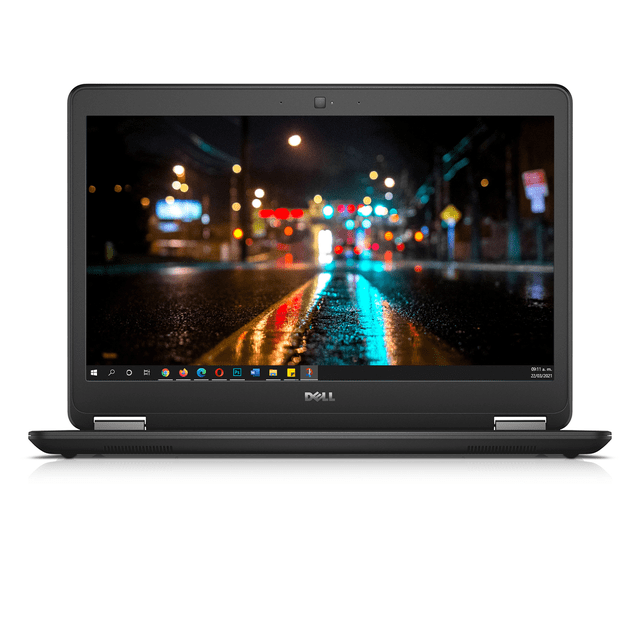 laptop original dell latitude core i7 5ta gen 16gb ram 240gb ssd camara wifi Reacondicionado Dell Latitude E7450 negro, vista frontal centrada de 14 pulgadas con webcam en el marco superior; chasis negro y bisagras plateadas en la base, teclado y touchpad parcialmente visibles, conexión HDMI y Mini DisplayPort según especificaciones, Windows 10 Pro en pantalla. A menudo usado como equipo de trabajo móvil o respaldo administrativo.