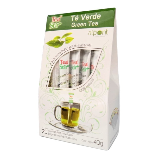 té stir alpont sabor verde stick 20 piezas 40g caja frontal con 20 sticks individuales visibles, diseño blanco y verde con ventana que muestra los sobres, ilustración de taza con infusión de té verde, logotipo Alpont y texto que indica 40 g; infusores para taza listos para usar.