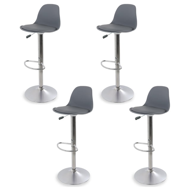 sillas para bar y barra de cocina con respaldo y reposapies de altura ajustable banco taburete giratorio con asiento acolchado de diseño moderno set 4 piezas gris. Set de cuatro taburetes grises con asiento acolchado y respaldo curvo, base y estructura metálica cromada con reposapiés, pistón hidráulico para ajuste de altura 81–102 cm, giro 360°, ancho de asiento 38.5 cm y capacidad máxima 100 kg; adecuado para barras de cocina, desayunadores y áreas de entretenimiento.