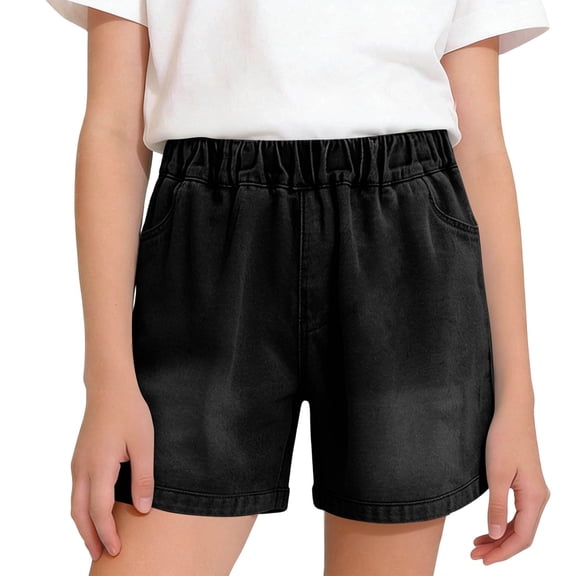 Shorts de Mezclilla para Niñas, Shorts de Mezclilla para Niños con Cintura Elástica y Cintura Elástica, con Bolsillo, Vacaciones de Verano, Jeans Ligeros Lavados, Negro 13-14 Años