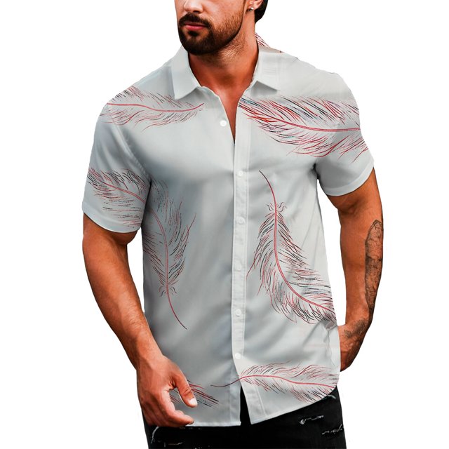 camisa casual para hombre shendy vendy strech de manga corta blanca con estampado de plumas, vista frontal centrada en torso masculino con cuello sport, botones frontales y mangas cortas; tejido ligero y transpirable según especificaciones, combinable con jeans o shorts y a menudo usada como prenda veraniega informal.