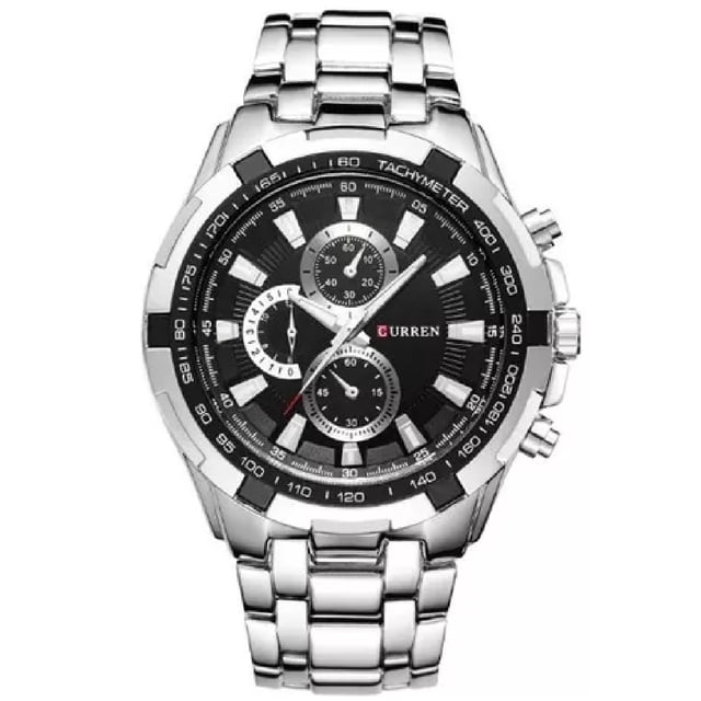 reloj curren kre021901 negro hombre cuarzo vista frontal centrada de reloj Curren para hombre con esfera negra, tres subesferas tipo cronógrafo, indicadores horarios plateados, escala de taquímetro en el bisel y pulsera de eslabones en acero inoxidable; acabado pulido y cepillado visible sobre fondo blanco, suele usarse también como accesorio de vestir para eventos formales o casuales.