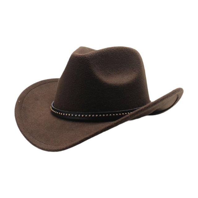 sombrero de vaquero elegante sombrero de para la fiesta de la fiesta del festival de cosplay mujeres hombres marrón sombrero western de fieltro marrón con copa ahuecada y ala ancha curvada, banda negra con remaches, ajuste con correa de barbilla, adecuado para cosplay, fiestas y sesiones de fotos, talla 56–58 cm.