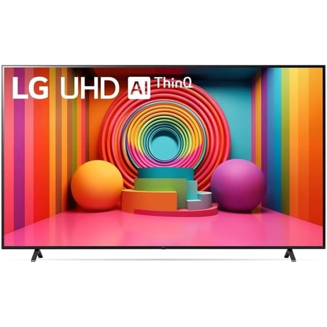 pantalla lg 65 pulgadas ut7550 4k uhd smart tv webos vista frontal con bisel negro delgado y patas en los extremos, pantalla de 65" presenta fondo abstracto de anillos concéntricos y colores brillantes; procesador α5 AI Gen7, webOS con apps de streaming, sonido potenciado por IA y optimizador de juegos, ideal para streaming y gaming.