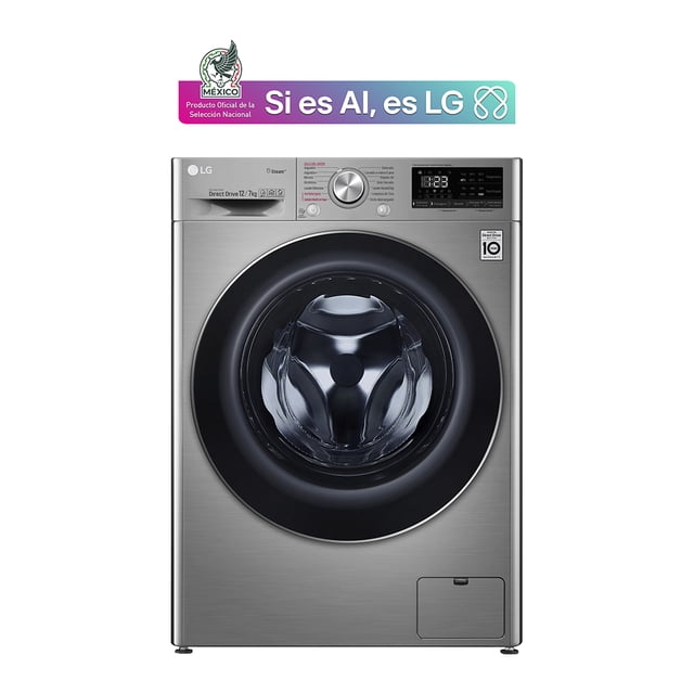 lavasecadora lg 12 kg silver lavasecadora de carga frontal color acero, vista frontal centrada con puerta circular de marco negro y tambor de acero inoxidable visible, panel superior derecho con perilla metálica y pantalla LED, panel touch a prueba de agua y botones, logotipo LG en esquina superior; también adecuada para hogares de 2 personas y ciclos múltiples para lavado y secado.