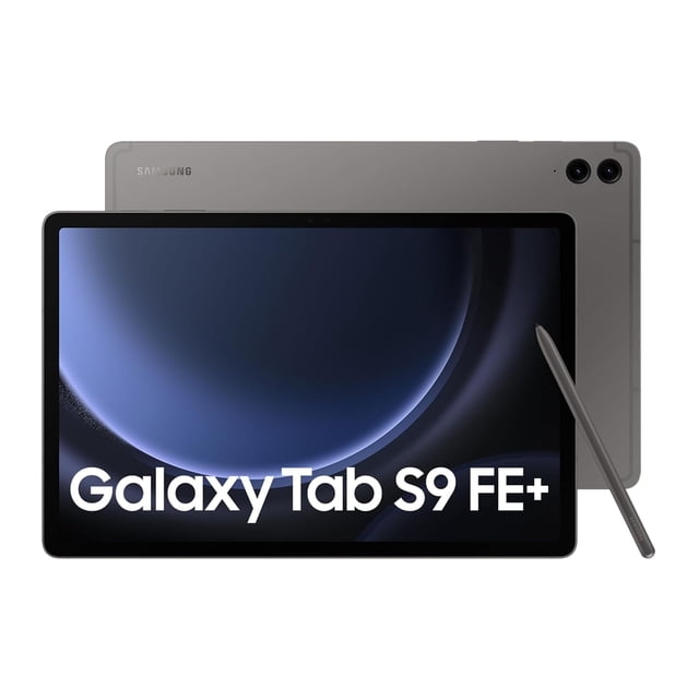 samsung galaxy tab s9 fe plus de 128 gb, pantalla de 12,4 con s pen tablet android nueva x610 - versión internacional Vista frontal centrada de la tablet Samsung Galaxy Tab S9 FE+ en gris con pantalla de 12.4" encendida, S Pen gris apoyado a la derecha y vista trasera parcial que muestra doble cámara y el logo Samsung; incluye S Pen y diseño delgado, indicada para estudio, trabajo y entretenimiento.
